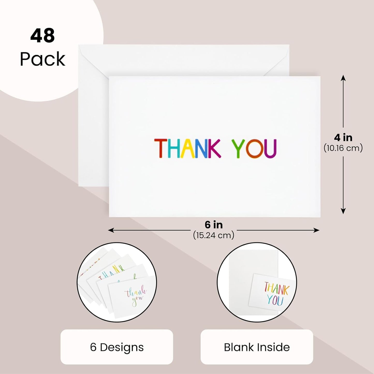 Juvale Thank You Cards with Envelopes - Bulk Blank Thank You Notes & Cards for Kids & Adults - 6 Assorted Rainbow Designs - White, 48 Pack, 4 x 6 In