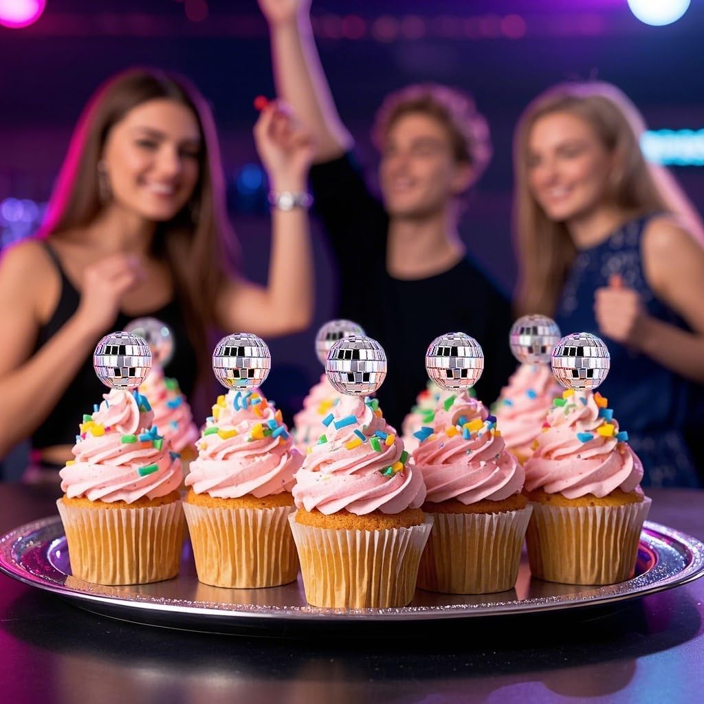 24 Pcs Disco Ball Cupcake Toppers, Mini Disco Ball Cake Picks Birthday Cake Decorations for 1970s Disco Theme Party Favor