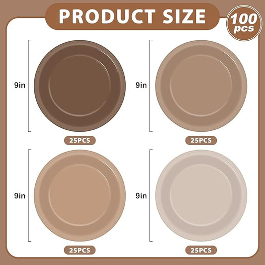 100Pcs Brown Paper Plates 9 Inch Gradient Brown Color Plates Disposable Round Dessert Plates Brown Party Tableware Solid Color Paper Plates Winter Table Decors for Birthday Gatherings Outdoor Party