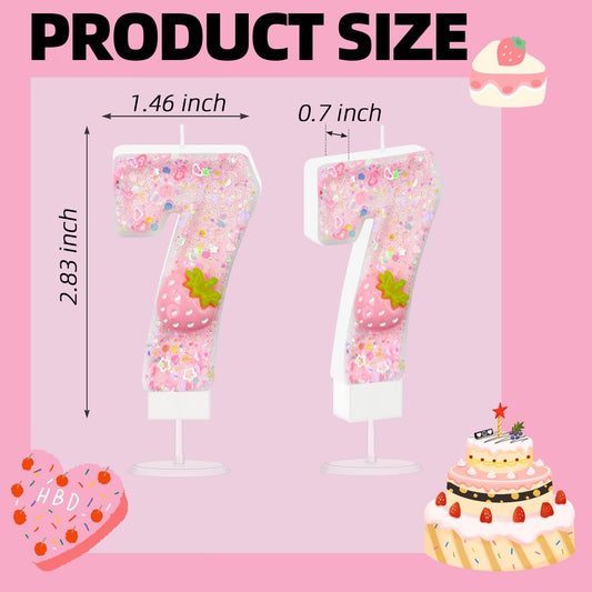 HXOUSE Strawberry Number 7 Birthday Candles - Pink Berry Birthday Candles for Cake, 7 Candle Topper for Anniversary Celebrations Supplies, Strawberry Party Decorations for Girl (No.7)