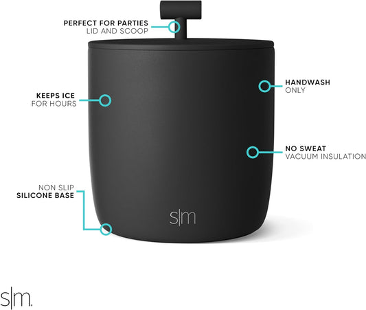 Simple Modern Vacuum Insulated Ice Bucket with Lid and Scoop | for Cocktail, Champagne, Wine, Beer, & Hosting | Stainless Steel 100oz Capacity for Large Parties | Rocks Collection | Midnight Black