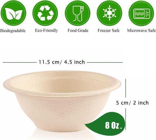 Ocmoiy Bulk 150Pk. 8 OZ Paper Bowls Disposable Heavy Duty Small Compostable Food Bowls, Eco-friendly Sugarcane Bowl for Party Serving Treats, Microwave Safe for Hot or Cold Use