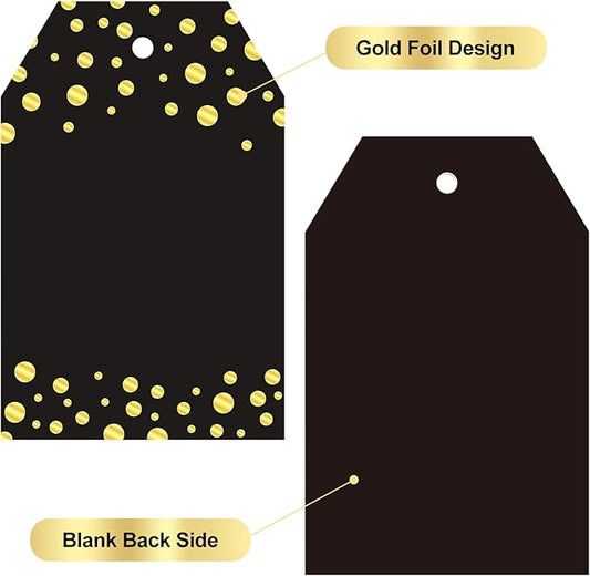 Anwyll Gift Tags with String - 100Pcs Gold Foil Metallic Confetti Polka Dot Gift Bag Tags Personalized Black Blank Hang Paper Label Tag for Birthday Party Bridal Shower Wedding Christmas Favor Present