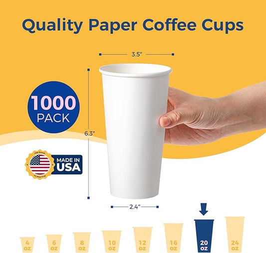 Fit Meal Prep 1000 Pack 20 oz Disposable Paper Coffee Cups, Premium White Hot Cups for Hot/Cold Beverage, Durable Thickened Paper Cup Bulk for Party, Office, Bussines, Home, Bistros, Events