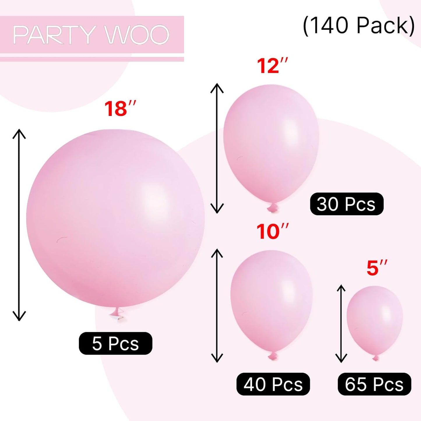 PartyWoo Light Pink Balloons 140 pcs Different Sizes of 18 12 10 5 Inch Pastel Baby Pale Pink Balloon Arch Kit Garland for Baby Shower Valentine's Day Princess Birthday Party Decorations Pink-Q05