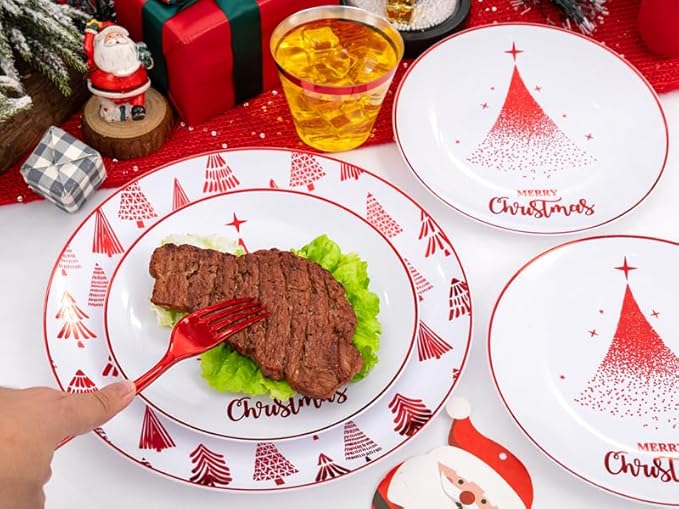 Nervure 175PCS Christmas Plastic Plates - White and Red Disposable Plates - Xmas Tree Plates Include 25Dinner Plate, 25Dessert Plate, 75Silverware, 25Cups, 25 Napkins for Christmas Party