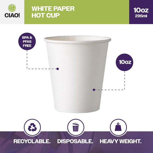CIAO! 10oz White Paper Hot Cup, Disposable, 90mm Diameter 1,000 Count