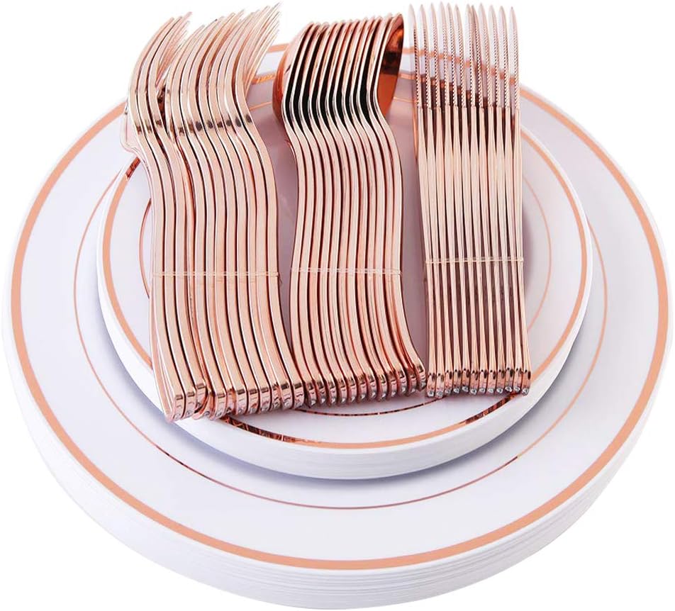 Supernal 60pcs Rose Gold Plastic Dinnerware Set Includes Rose Gold Plastic Plates and Disposable Silverware,Disposable Party Plates and Flatware Service for 12 Guest,Perfect for Birthday,Party,Wedding