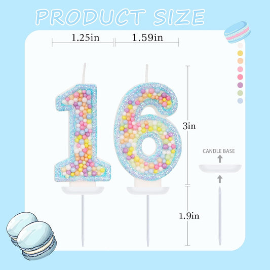Blue Birthday Candles - Number 16 Candle, Colorful Macaron Candles, 16 Birthday Decorations for Girls Boys, Cake Decorations, Theme Party Supplies (Blue)