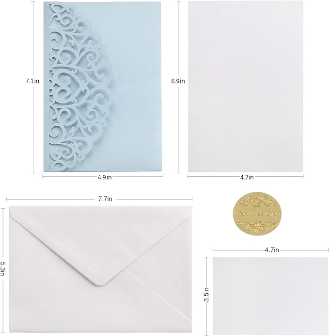 Wedding Invitations with Envelopes and RSVP Cards, Light Blue Laser Cut Invitation Pocket Blank Invitations with Envelopes and Stickers, Bridal Shower Card Birthday Party Invites Custom 50 PCS