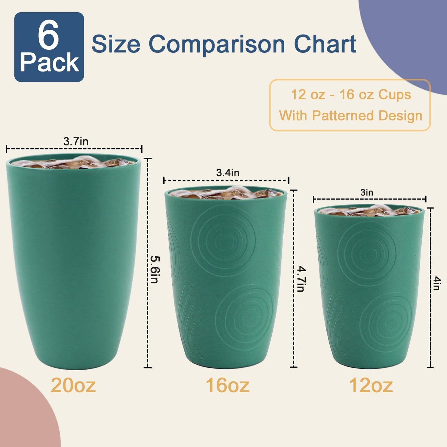 Wheat Straw Cup 20 OZ Large Drinking Glasses | Set of 6 Alternatives to Plastic Cups Reusable Unbreakable Drinking Cup Microwave and Dishwasher Safe Cups | Kitchen Water Glasses - Gree