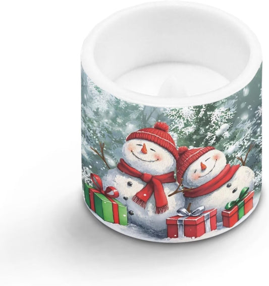 Poceacles Christmas Decor Flameless LED Candles 4 Pack with Remote Control, Battery-Powered, Flickering Effect, with 12 Color Changing, Holiday Party Decoration, Snowman Snowy Fir Tree Pattern