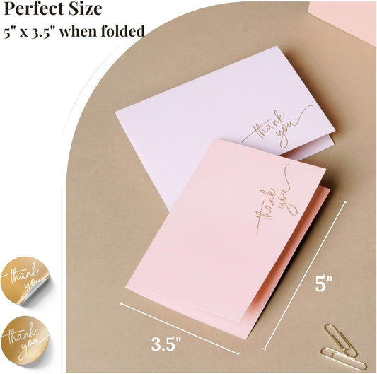 Gold Foil Thank You Cards - Bulk Pack of 40, 5x3.5 Inch with Matching Stickers & Envelopes (Pink) Textured Surface for a Unique Feel - Suitable for Baby Shower, Wedding, Small Business, Graduation