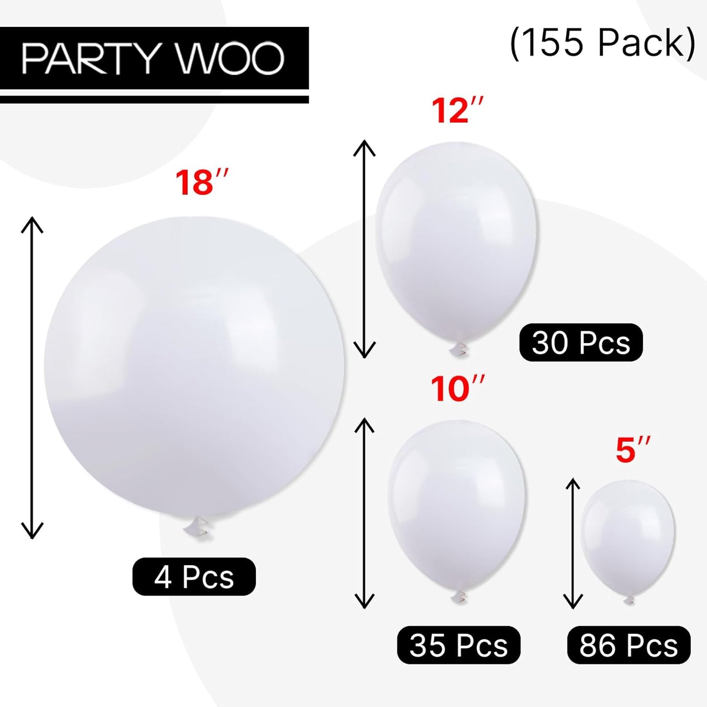 PartyWoo White Balloons 155 pcs Different Sizes Pack of 18 12 10 5 Inch Matte White Latex Balloon Arch Kit Garland for Wedding Bridal Graduation Baby Shower Birthday Party Decorations White-Y13
