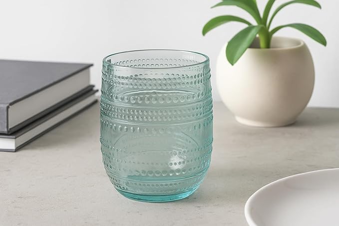 Beaded Stemless Wine/Tumbler Drinkware, Indoor/Outdoor, Sea Green, 15 oz., Set of 6