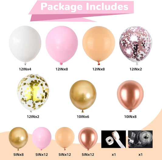 Rose Gold Balloon Arch Kit Nude Light Pink Gold Confetti Party Balloon Garland Metallic Pink White Pastel Orange Balloons for Women Princess Baby Shower Bridal Wedding Brithday Party Decor
