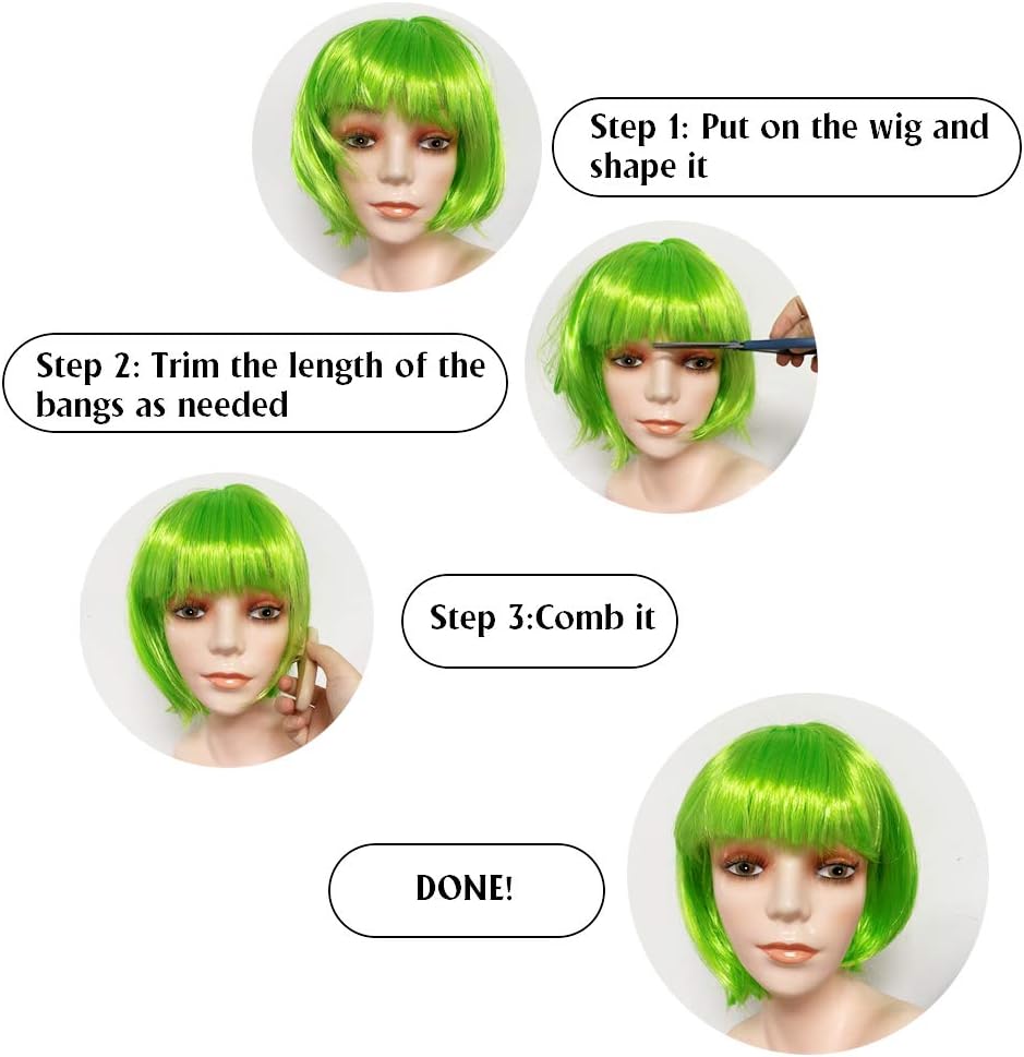 Short Bob Colors Wigs with Bangs, 6Pcs Cosplay Wig with Heart Sunglasses for Halloween Bachelor Party Decorations