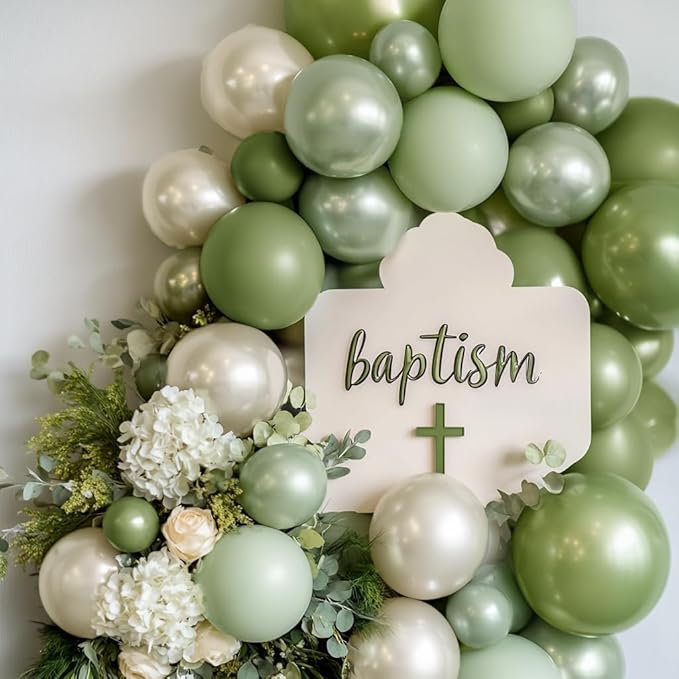 Green White Balloon Garland Double Stuffed Sage Green Gold Pearl White Balloons Arch Kit Dusty Pastel Cream Sand Latex for Christmas Baby Shower Birthday Engagement Party Decorations