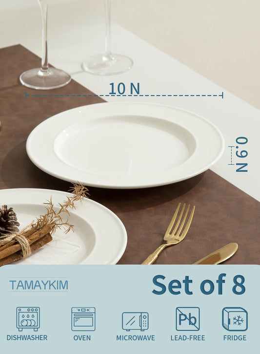 TAMAYKIM 10 Inch Porcelain Salad Dinner Plates 8 Pieces, Wide Rim Round Pasta Plates, Large Serving Dinnerware Sets, Scratch Resistant, Microwave, Oven, and Dishwasher Safe, White