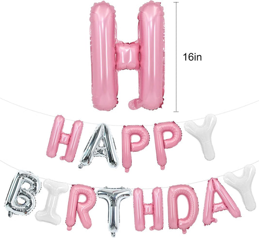 TONIFUL Happy Birthday Balloons Banner 16 Inch Mylar Foil Letters Birthday Sign Reusable for Girls Boys Kids & Adults Birthday Party Decorations Supplies(Pink Silver White)