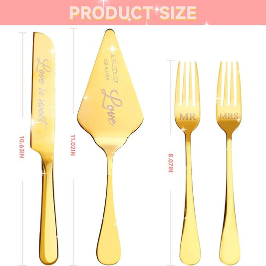 GURUDAR Wedding Cake Knife and Server Set with Forks for Bride and Groom, 4 Pieces Mr and Mrs Wedding Cake Cutting Set For Bridal Shower Gifts Couple Engagement Birthday Anniversary, Gold