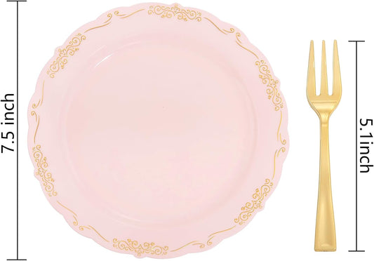 LIYH 100 Pcs Pink Gold Dessert Plates - 100 Pcs Gold Plastic Forks,Cake Plates Disposable with Forks, Appetizer Plates, Bridal Shower Party Plates for Birthday Wedding Party