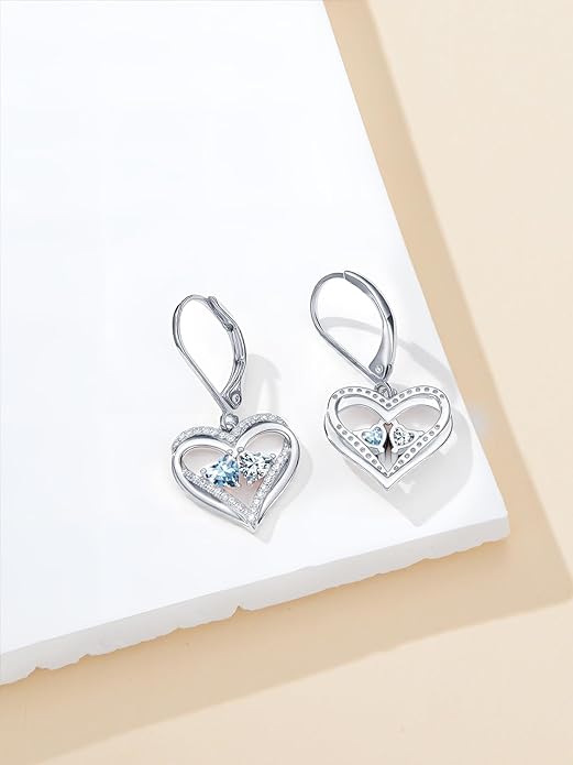 Valentines Day Gifts for Women, Heart Leverback Earrings Double Birthstone Dangle Earrings for Women, Love Jewelry for Her, Anniversary Birthday Gift for Mom Wife Girlfriend
