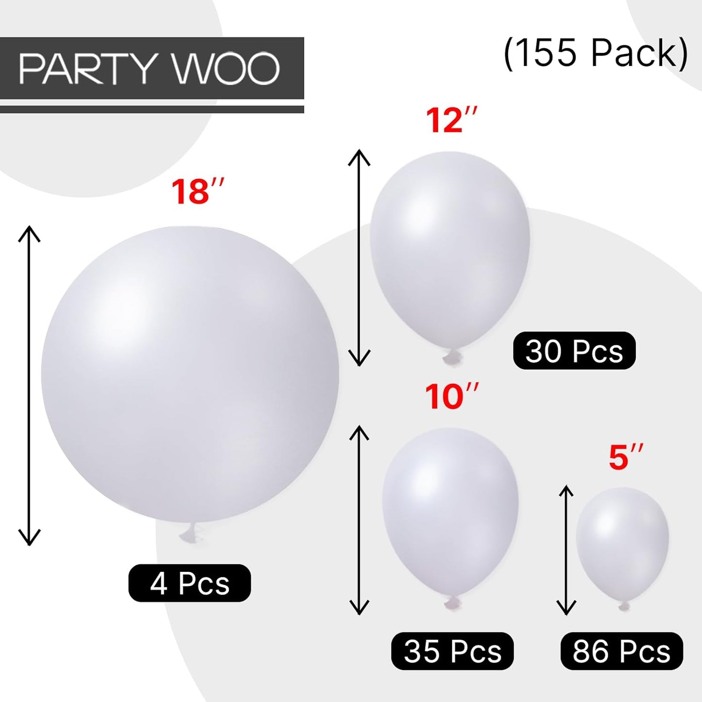 PartyWoo Pearl White Balloons 155 pcs Different Sizes Pack of 18 12 10 5 Inch White Latex Balloon Arch Kit Garland for Wedding Bridal Graduation Baby Shower Birthday Party Decorations White-Z30