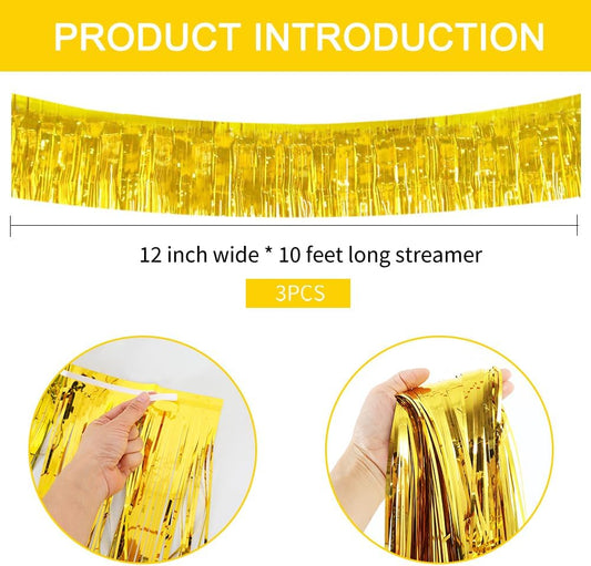 BEISHIDA 3 Packs 30 Feet Metallic Foil Fringe Garland Tinsel Streamers,Shiny Gold Wall Hanging Tinsel Fringe Banners for Wedding Birthday Party Decoration Halloween Christmas New Year