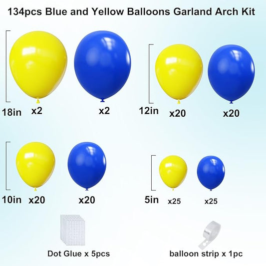 YMSZ Blue and Yellow Balloons Arch Kit, 134pcs Royal Blue and Yellow Balloons for Birthday, Graduation, Baby Shower Party Decorations