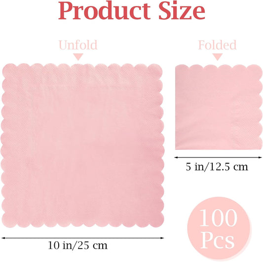 100 Pcs Cocktail Napkins, 2-Ply 5 x 5 Inches Disposable Scalloped Napkins, Thick Premium Dessert Napkins for Party, Wedding, Dinner, Birthday, Anniversary, Festival (Pink)