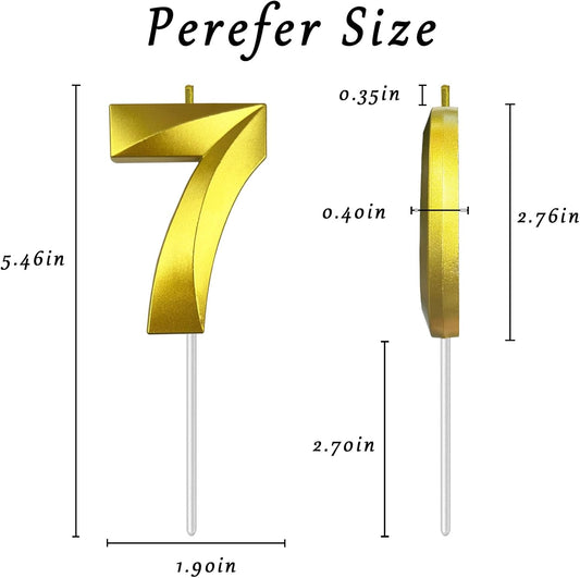Gold Number 7 Candles, 3D Diamond 2.76 Inch Cake Topper Birthday Candles for Wedding Anniversary Cake Decorations, Happy Birthday Party Decorations