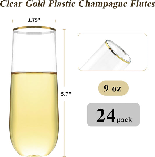 24 Pack 9 oz Stemless Plastic Champagne Flutes, Clear Disposable Champagne Glasses Gold Rim, Shatterproof and BPA-Free Drinkware for Party & Graduation & Wedding