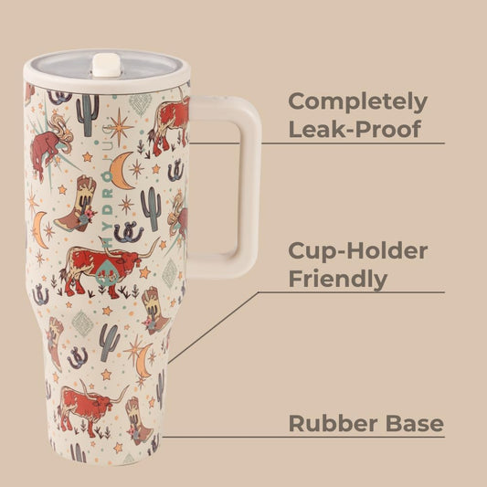 HydroJug Traveler - 40 oz Water Bottle with Handle & Flip Straw - Fits in Cup Holder, Leak Resistant Tumbler-Reusable Insulated Stainless Steel & Rubber Base - Gifts for Women & Men, Rodeo