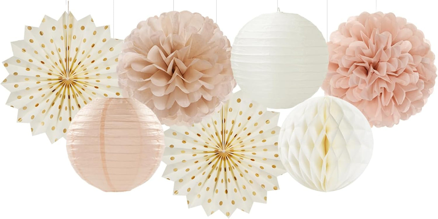 Champagne-Gold Beige-Peach Boho Party-Decorations Streamers - 14pcs Fall Neutral Baby Shower Rustic Bohemian Wedding Paper Honeycomb Lanterns Fan,Birthday Bachelorette Bridal Decor Lasting Surprise