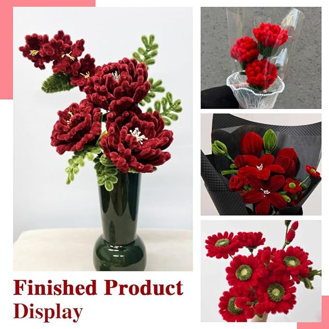 620 Pieces Red Pipe Cleaners Craft Set, 600 Pcs Plum Chenille Stems with 20 Pcs Flower Stems, Craft Supplies Bulk for DIY Art and Craft Projects Creative Gift Wrapping Party Decorations(Red Series)