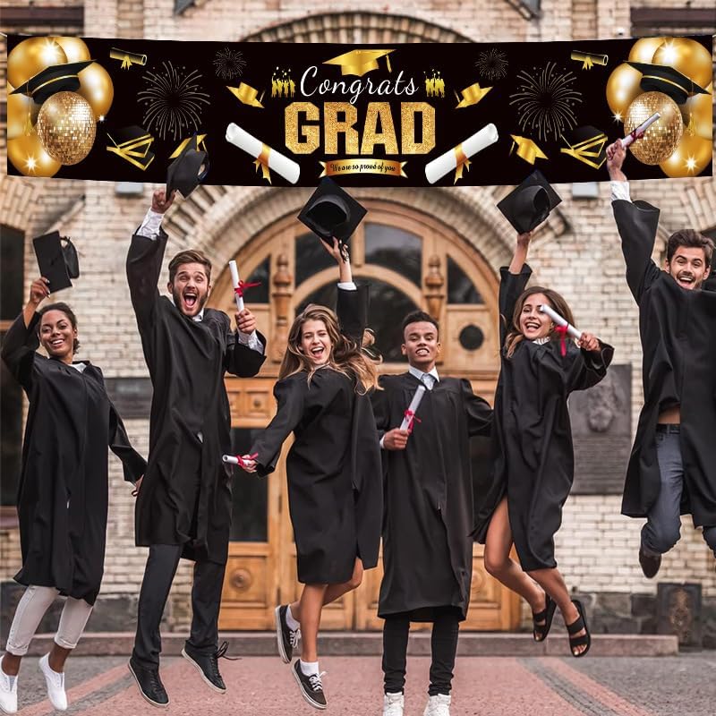 Graduation Party Decorations Set 2025, Black and Gold Porch Banner with Backdrop, Class of 2025 Congrats Grad