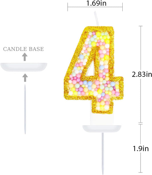 4th Birthday Candle for Cake, Colorful Macaron Numeral Candles for Boys/Girls, Birthday Party Cake Decorations, Golden Cake Topper for Birthday Party Supplies (Number 4)