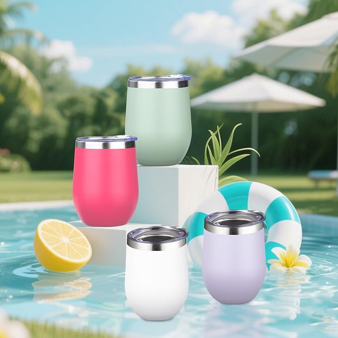 12oz/4 Pack Wine Tumbler Glasses with Lid Stemless Double Wall Vacuum Stainless Steel Travel Tumbler Keeping Cold & Hot for Wine,Coffee,Cocktails,Christmas Drinks-Family and Gifts(Multi color-9)
