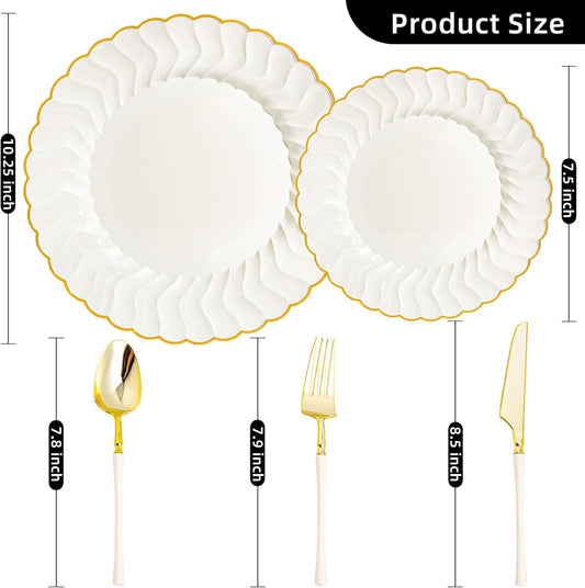 HOMIP 150PCS Ivory Plates with Gold Disposable Silverware - Include 60 Scalloped Plastic Plates, 30 Knives, 30 Forks, 30 Spoons Elegant & Lightweight for Weddings, Birthdays, Parties