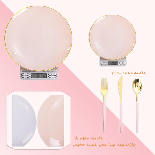 Liacere 150PCS Plastic Plates-Gold Plastic Silverware with Pink Handle - Pink Disposable Plates Include 30 Guests Plates, Forks, Spoons, Knives for Wedding & Easter Day &Mother's Day