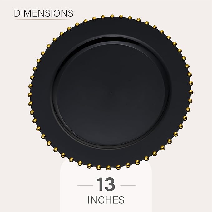PLASTICPRO Black with Gold Rim Plastic Charger Plates with Beaded Edge – Pack of 4 – 13" Elegant Round Disposable Chargers for Weddings, Events, Parties, and Dinners