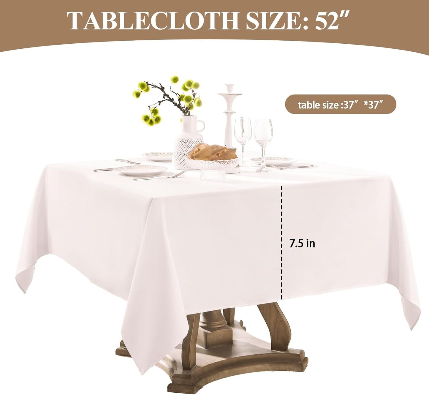 Square Tablecloth 52 x 52 Inch White 6 Pack Tablecloths Stain-Wrinkle Resistant Washable Polyester Table Cloths for Holiday, Buffet Parties, and Weddinge
