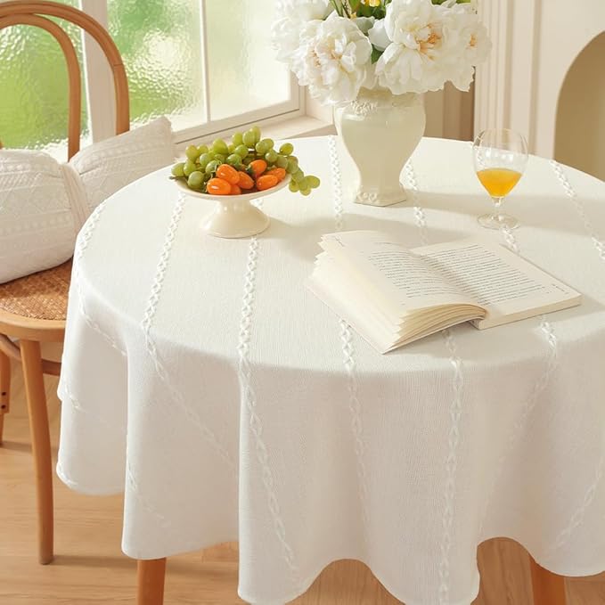 Zobesta White Table Cloth Round Tablecloth 53 inch, Washable Linen Farmhouse Soft Boho Round Table Cloth for Party, Holiday, Picnic, Dining, Outdoor,Fall, Wedding