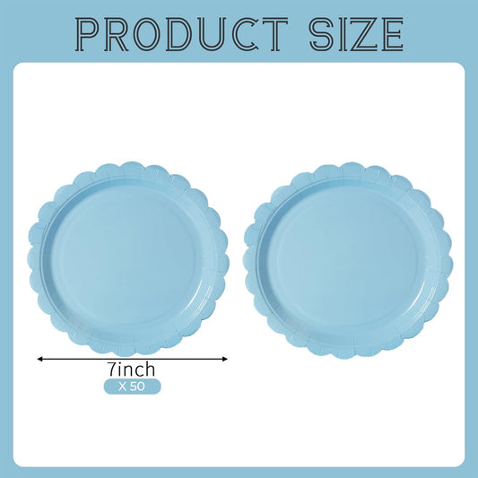 BEFORYOU 50PCS Scalloped Disposable Paper Plates Dessert Cake Party Plates for Baby Shower, Wedding,Bridal Shower Birthday Party Supplies (Blue, 7IN)