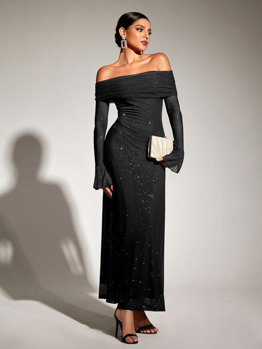 KUTUMAI Women Off Shoulder Bodycon Maxi Dress Long Sleeve Mesh Ruched Party Formal Wedding Guest Dresses