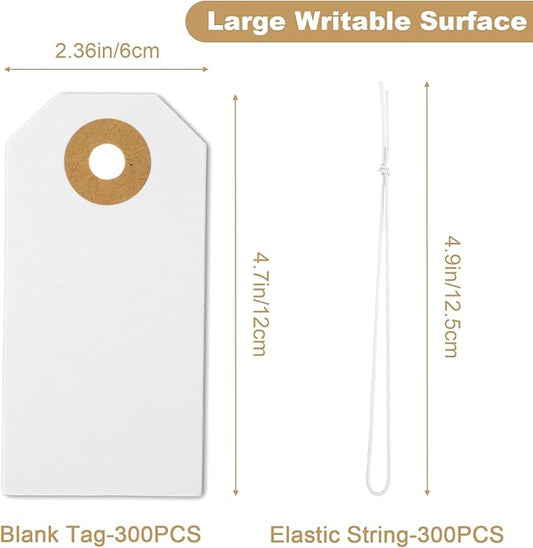 300 Pcs White Hanging Tags with Elastic String – Large 4.72" x 2.36" Writable Marking Tags, Reinforced Hole for Gifts, Inventory & Pricing (Premium Cardstock)
