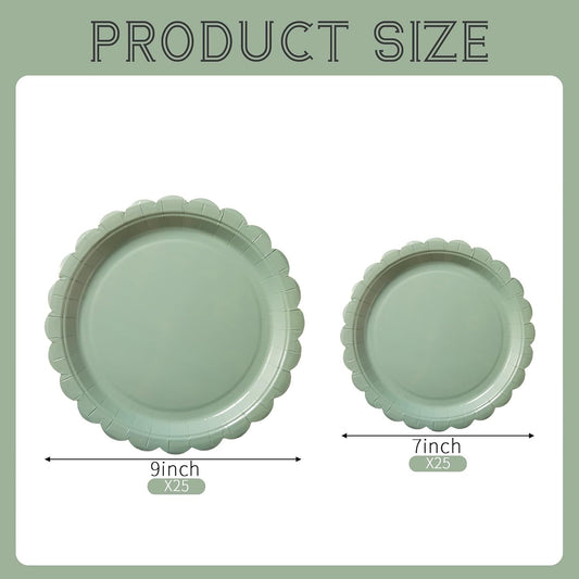 BEFORYOU 50PCS Scalloped Disposable Paper Plates Dessert Cake Party Plates for Baby Shower, Wedding,Bridal Shower Birthday Party Supplies (Sage-Green, 9IN)