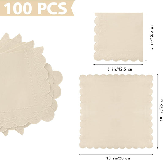 100 Cream Scalloped Cocktail Napkins, 3 Ply 5 x 5 Inch Beverage Napkins Paper Napkins Disposable Luncheon Napkins for Wedding Birthday Party Bridal Anniversary Baby Shower