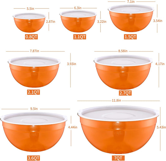 Orange Mixing Bowls with Airtight Lids, Stainless Steel Nesting Mixing Bowls Set of 7, Ideal for Baking, Prepping and Serving Food, Size 7, 3.6, 2.7, 2.1, 1.5, 1.1,0.8 QT, Stackable Design